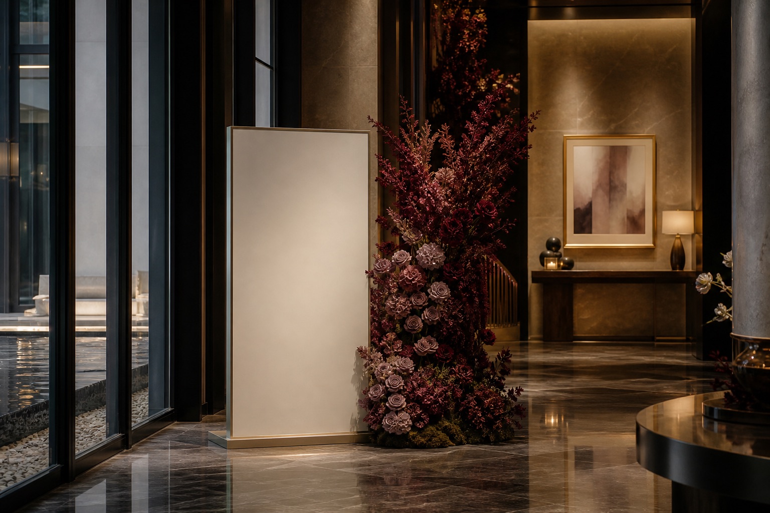 Editorial corporate event foyer and blank presentation display
